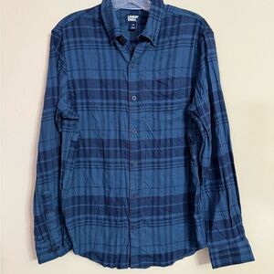 Lands End M Flannel Shirt Blue White Plaid Casual Camping Outdoors Button Down